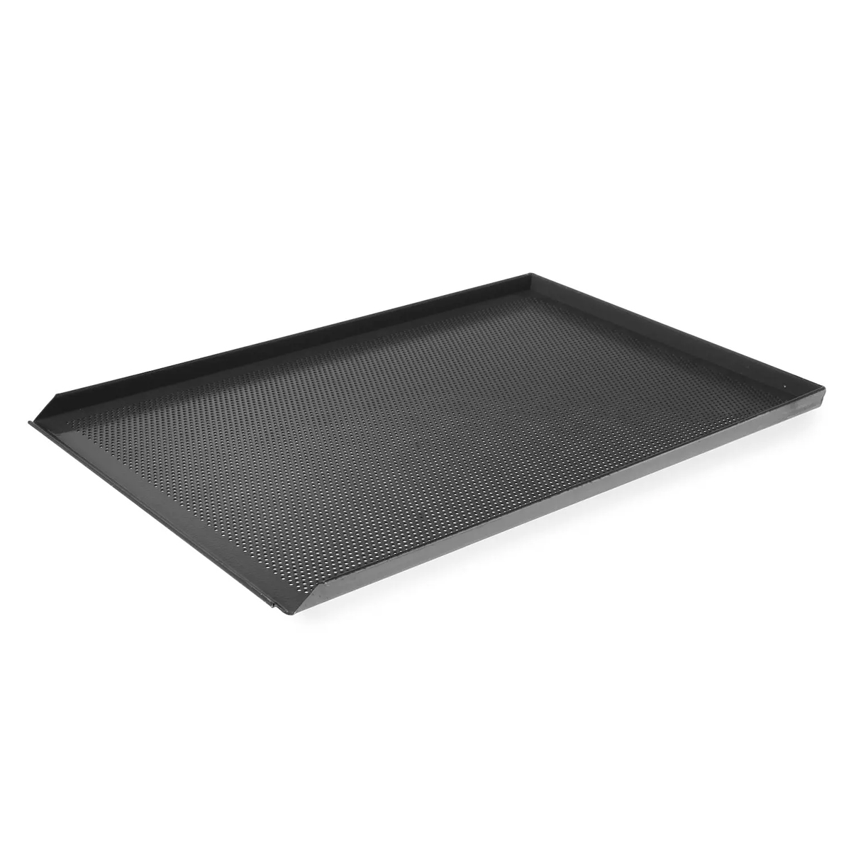 Perforált alumínium sütőlemez 3 oldalfallal, 600 × 400 mm méretben, tapadásmentes PTFE bevonattal. Praktikus megoldás sütéshez vendéglátóipari használatra.