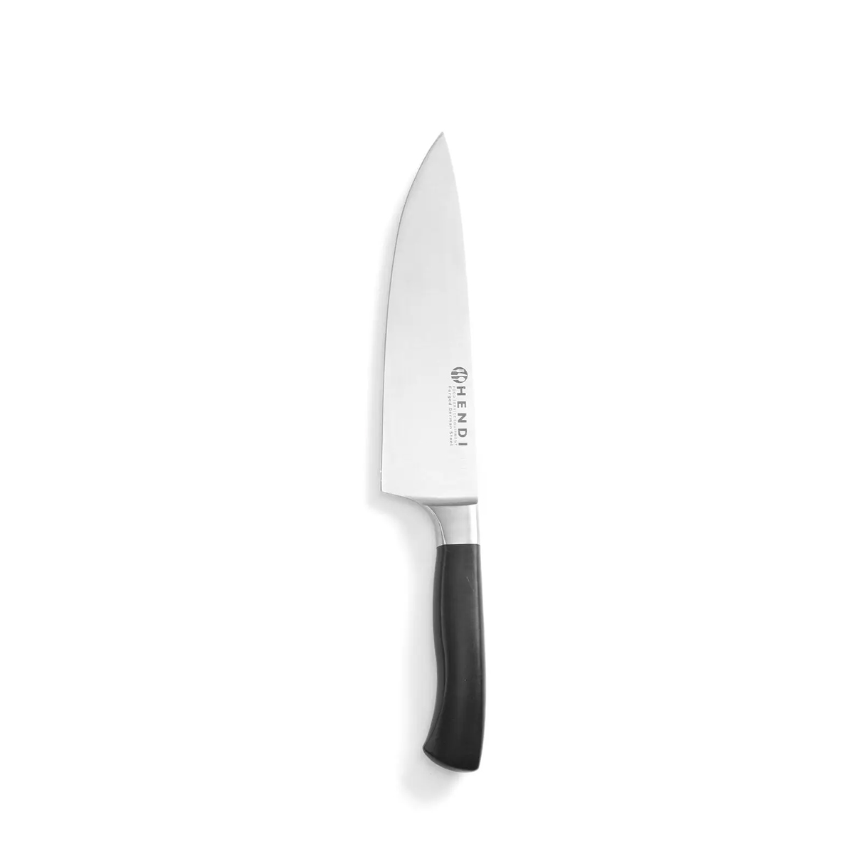 Szakácskés 200 mm-es rozsdamentes acél pengével és fekete POM markolattal.