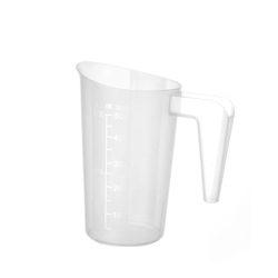 Átlátszó polipropilén mérőedény 0,5 l űrtartalommal, skálával és fogantyúval, egymásba rakható.