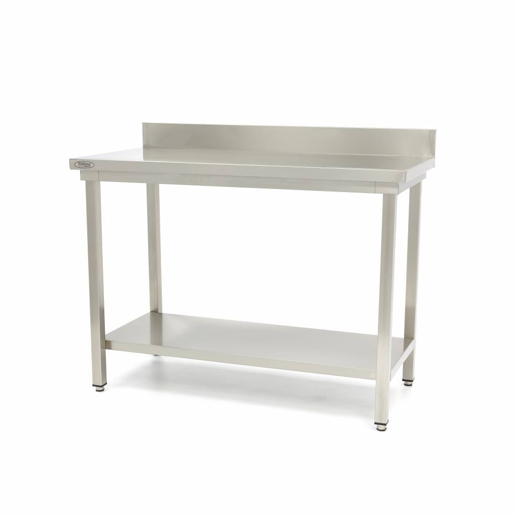 Rozsdamentes acél asztal - 100 x 60cm - állítható magasságú - hátfal és tároló polc | Maxima 09300980