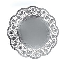 Dekorációs csipkepapír (PAP/ALU), kerek, ezüst, Ø36 cm [4 db]
