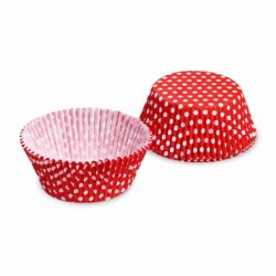 Cukrász papír muffin kapszli (PAP) – fehér/piros pöttyös Ø50 × 30 mm [40 db] · zsírálló papír · 220 °C-ig hőálló · ideális cukrászdába, muffinokhoz és cupcake-ekhez.