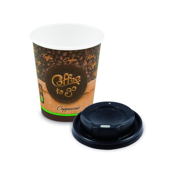 Papírpohár „Coffee to go” Ø80mm 280ml `M: 0,2L/8oz` + fedél fekete [10 szett]