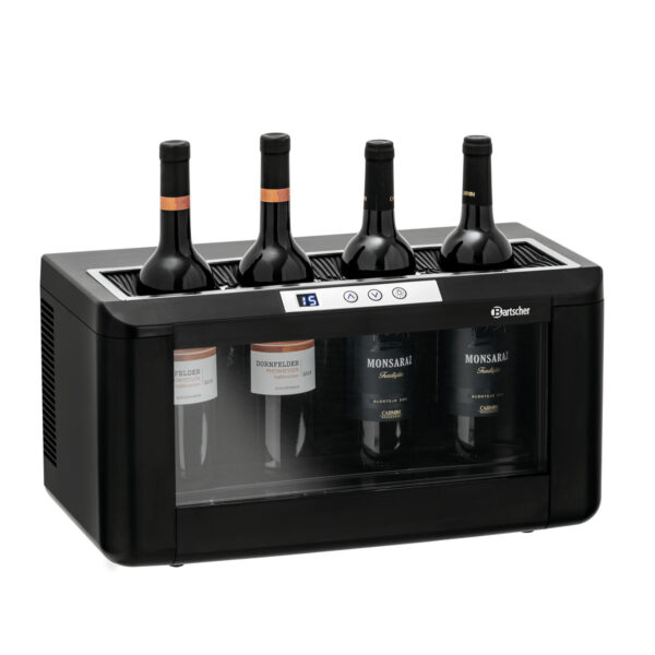A modern és elegáns 4FLS-10 | Bartscher 700143 borhűtő LED világítással 4 vagy 5 palack bor hűtésére szolgál.