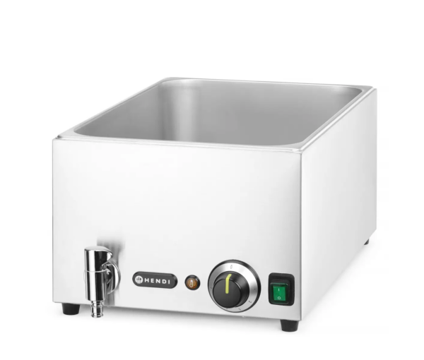 Vodný kúpeľ Bain Marie GN 1/1 s vypúštacím kohútikom. Vyrobené z nehrdzavejúcej ocele, pre nádoby s hĺbkou 150 mm. Nastavenie teploty do 85°C.