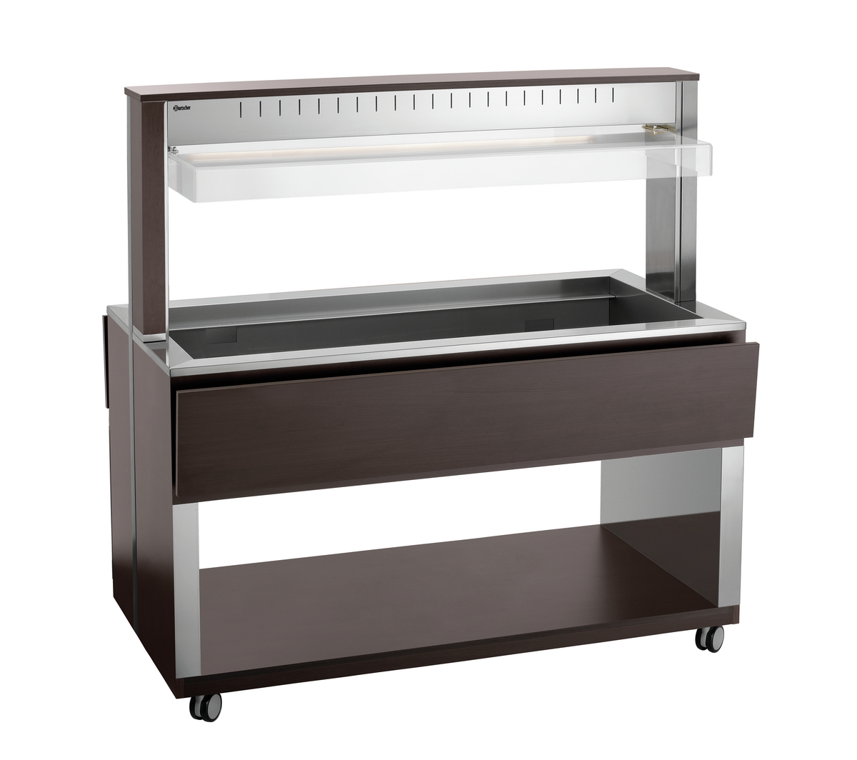 Bufetový vozík W4110-200W | Bartscher 125634V1 s moderným dreveným dizajnom je dokonalým riešením pre podávanie teplých pokrmov v bufetoch alebo jedálňach.