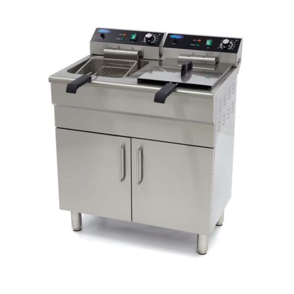 Elektrická fritéza 2x16 l - 230 V + spodná skrinka | 09365158 z nehrdzavejúcej ocele je určená pre reštaurácie, bufety, bary, jedálne a pod.