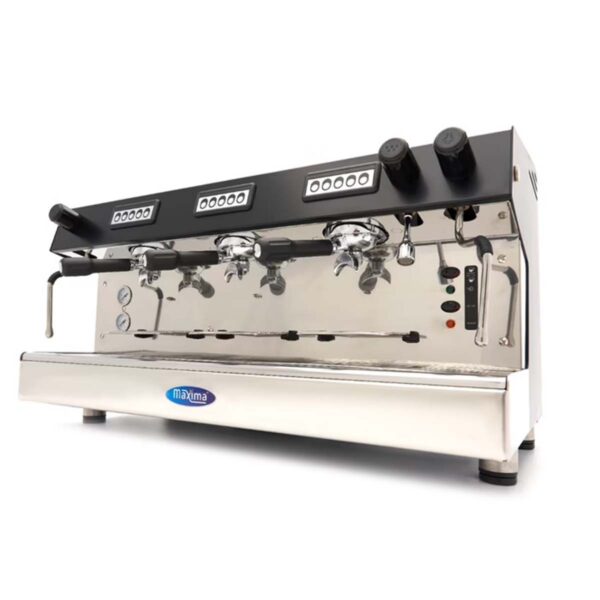 Espresso kávovar - trojpákový | Maxima 09100003 · 540 šálok espressa za hodinu · Automatický čistiaci program · 230V / 50Hz / 3 fázy 5200W.