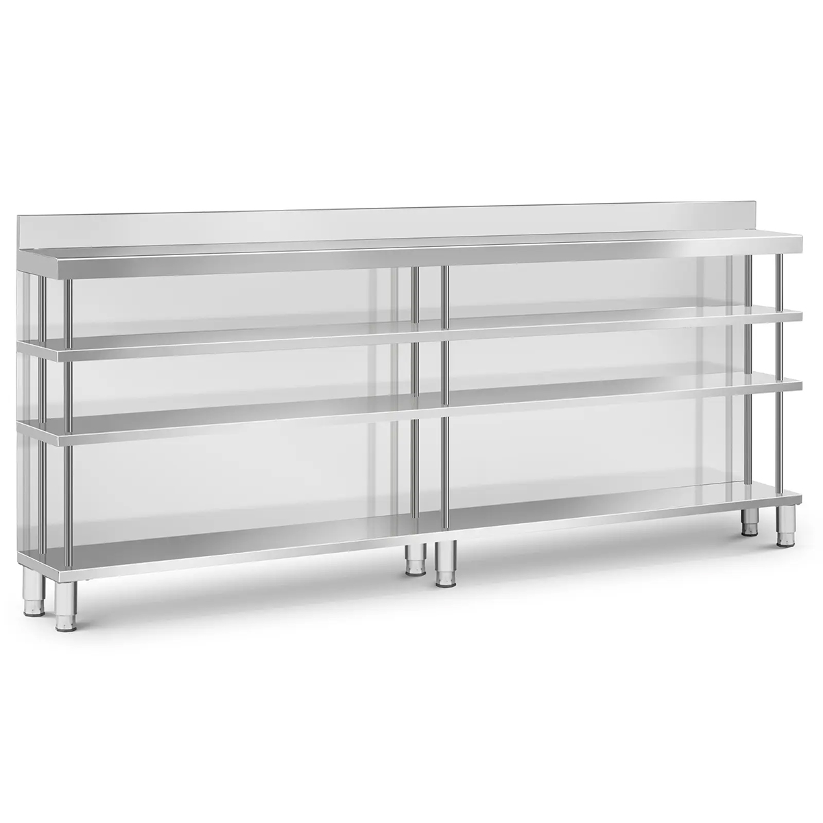 Pracovný stôl - 250x30x115 cm | RCSBW-7 ️z nehrdzavejúcej ocele so zadným ochranným lemom, 4 policami a nosnosťou pracovnej dosky až 450 kg.
