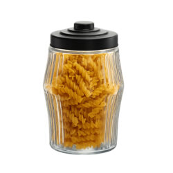 Štýlová rebrovaná sklenená dóza s vekom s objemom 2,8 l na uskladnenie potravín. Vhodná na cestoviny, ryžu, koreniny aj med.️