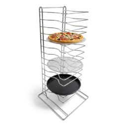 15 szintes pizzatálca tartó állvány krómozott vasból. Praktikus megoldás a tálcák átlátható tárolására vendéglátóipari egységekben.