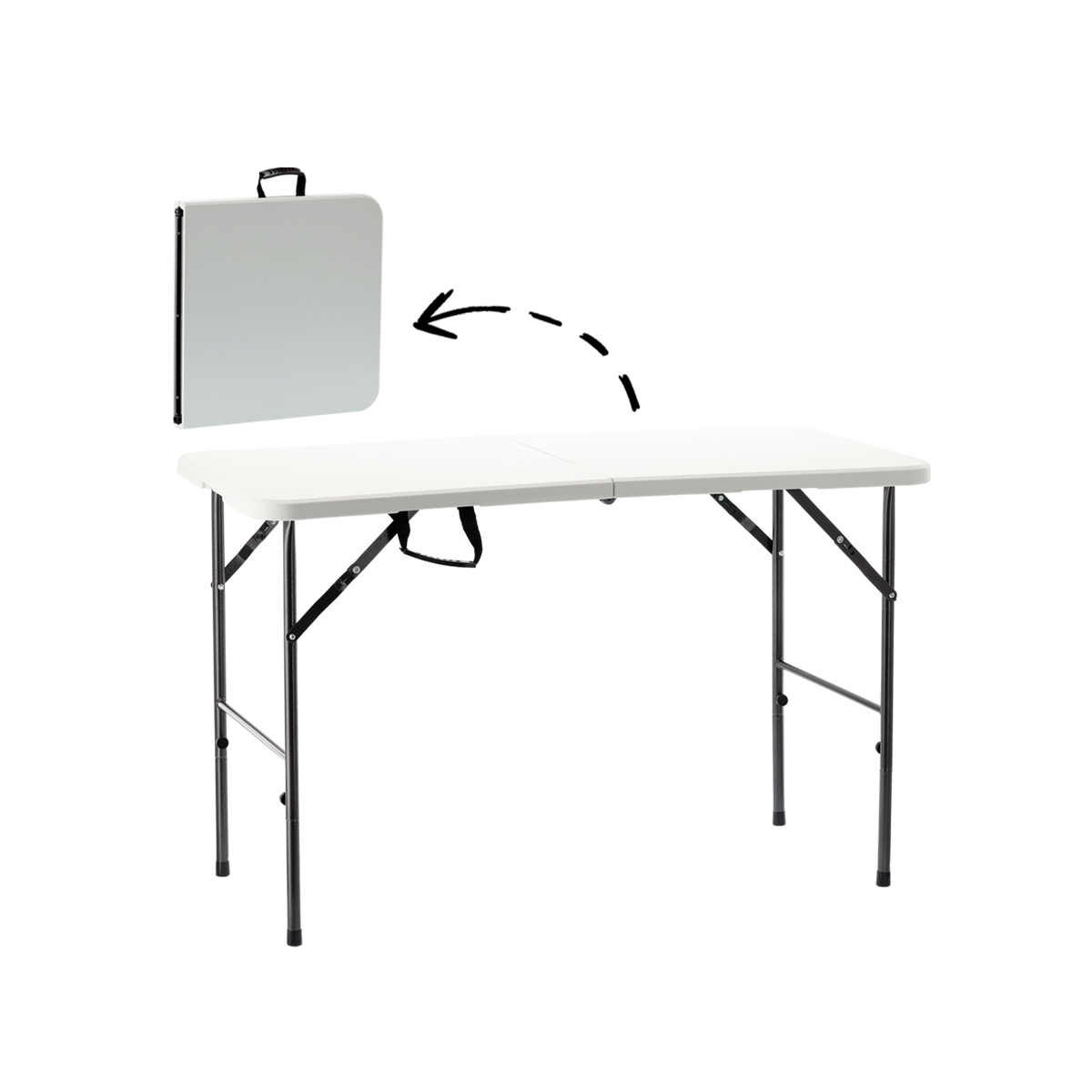 120 × 60 cm-es összecsukható cateringasztal HDPE asztallappal és acélvázzal. Stabil, összecsukható és beltéri, valamint kültéri használatra is alkalmas.