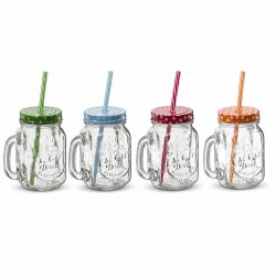 4 darabos üveg limonádés pohár szett színes fém fedővel és műanyag szívószállal, 450 ml.