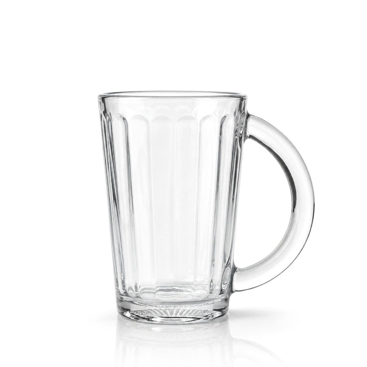 Füles üvegpohár 330 ml űrtartalommal és függőleges dombornyomott dizájnnal.