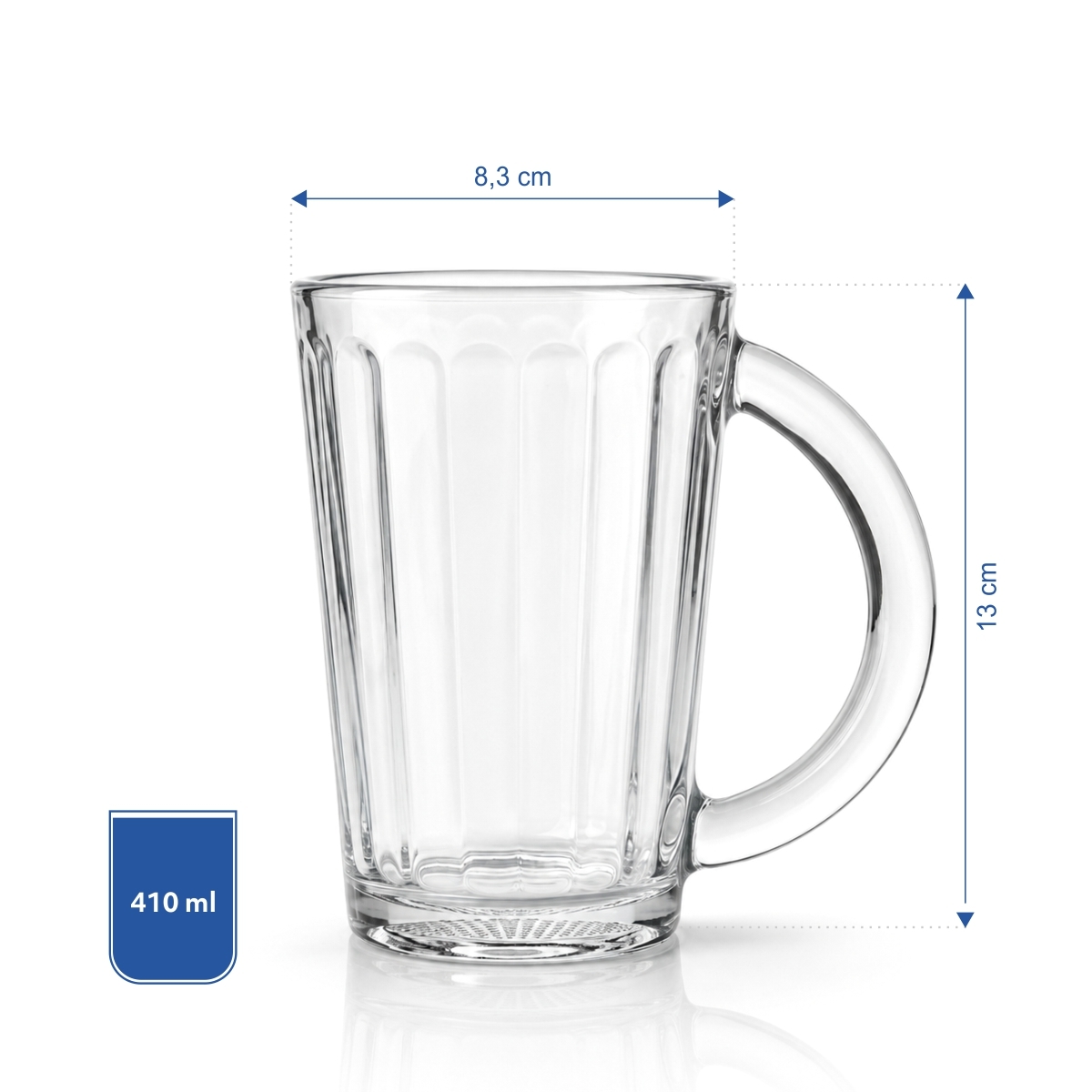 Füles üvegpohár 330 ml űrtartalommal és függőleges dombornyomott dizájnnal.