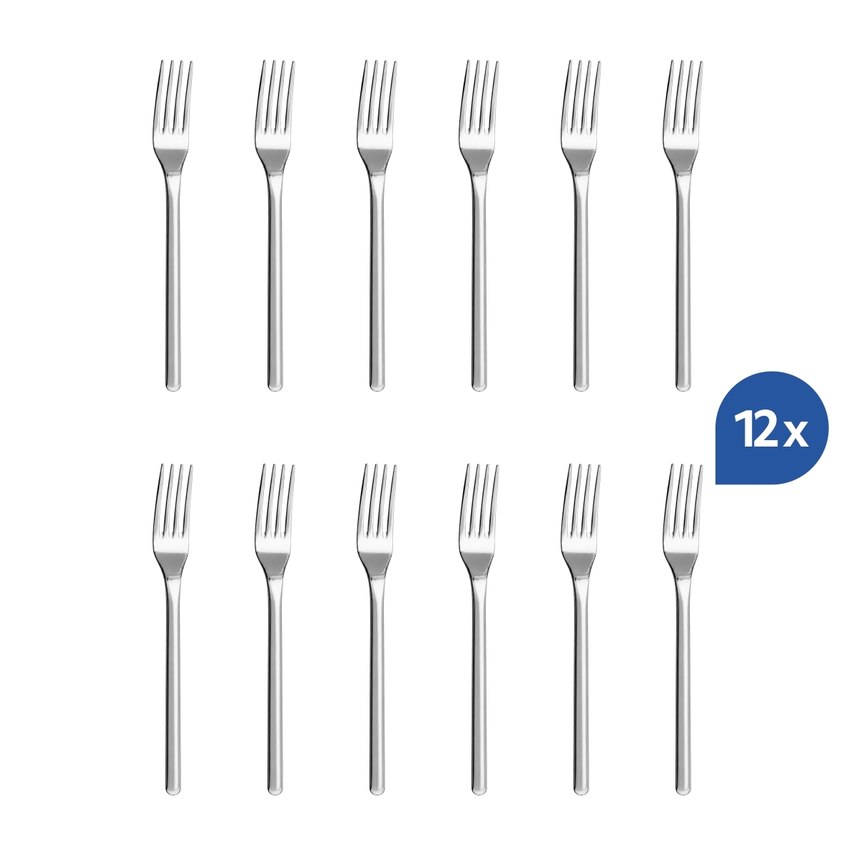 Elegáns Chiara desszertvilla, 18,2 cm, fényes felületű 18/10 rozsdamentes acélból, 12 darabos készletben.