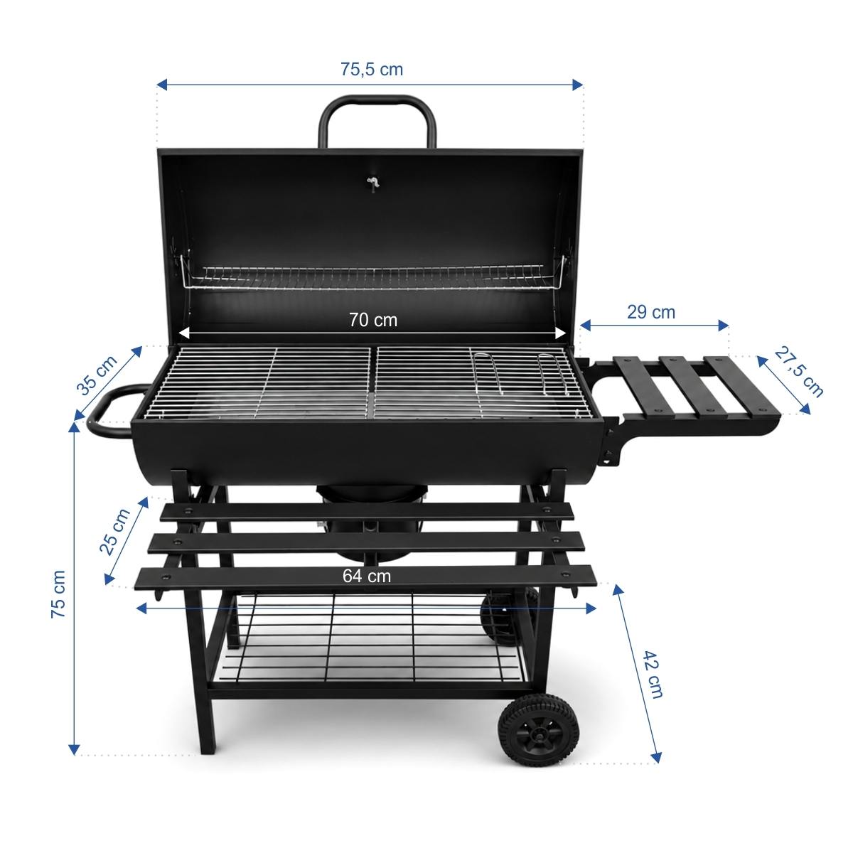 Fekete kerti faszenes grill fedéllel és 76 × 30 cm-es ráccsal.