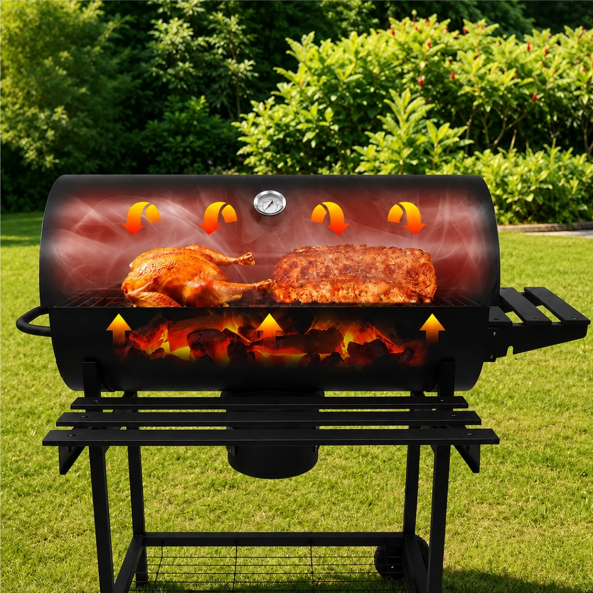 Fekete kerti faszenes grill fedéllel és 76 × 30 cm-es ráccsal.