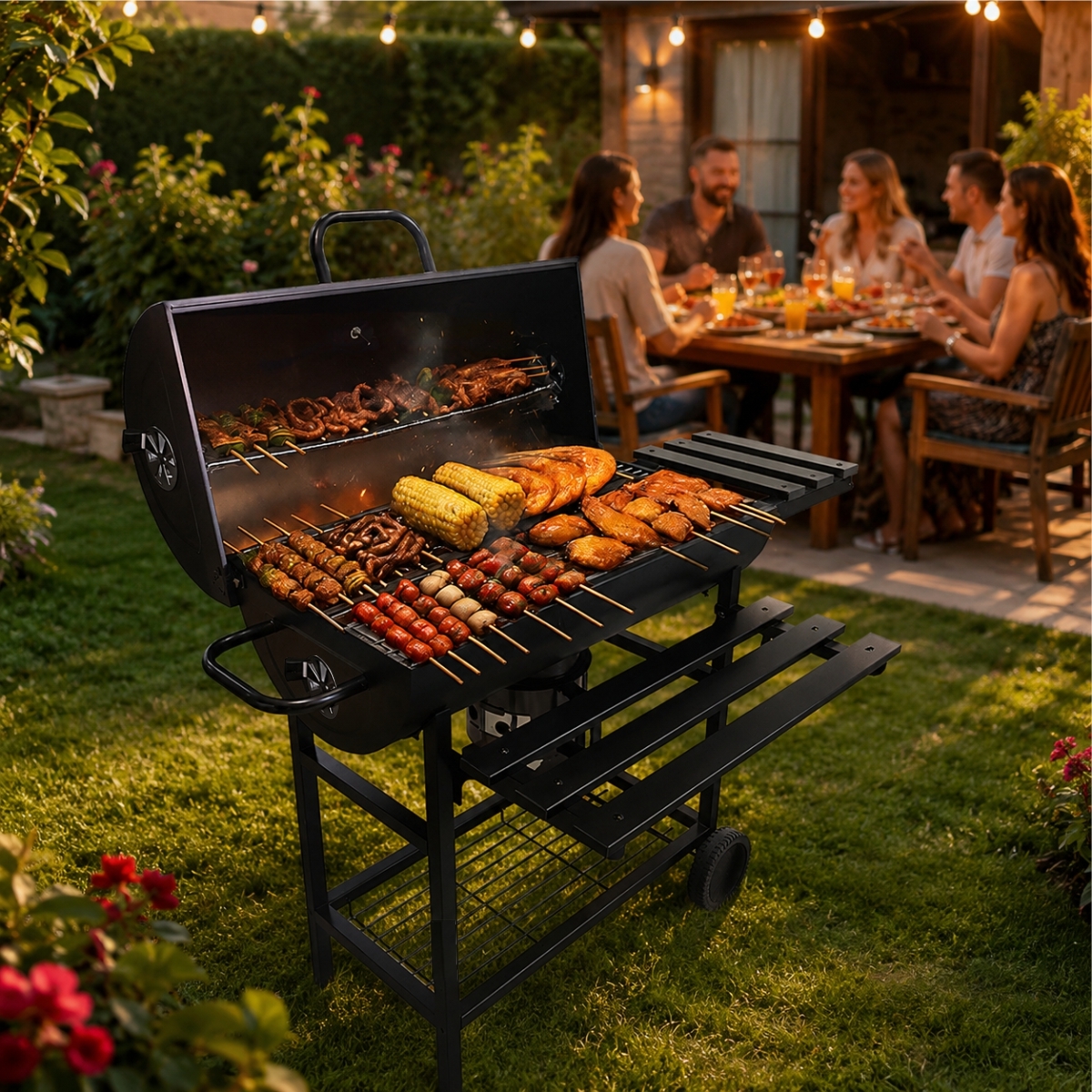 Fekete kerti faszenes grill fedéllel és 76 × 30 cm-es ráccsal.