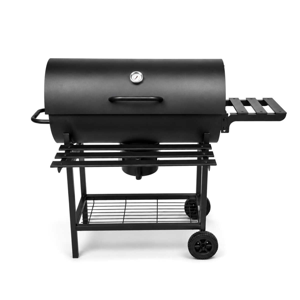 Fekete kerti faszenes grill fedéllel és 76 × 30 cm-es ráccsal.