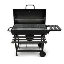 Fekete kerti faszenes grill fedéllel és 76 × 30 cm-es ráccsal.