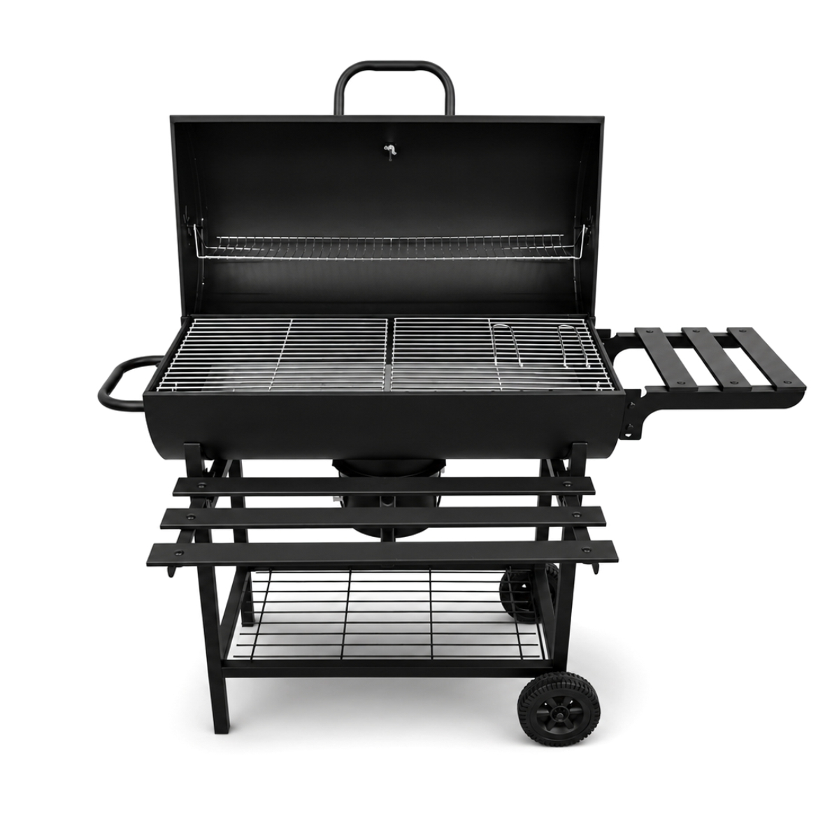Fekete kerti faszenes grill fedéllel és 76 × 30 cm-es ráccsal.