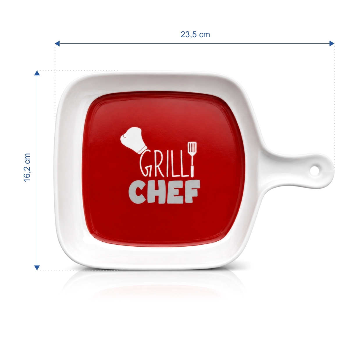Fehér kerámia tálalótál fogantyúval, piros belsővel és Grill Chef motívummal.