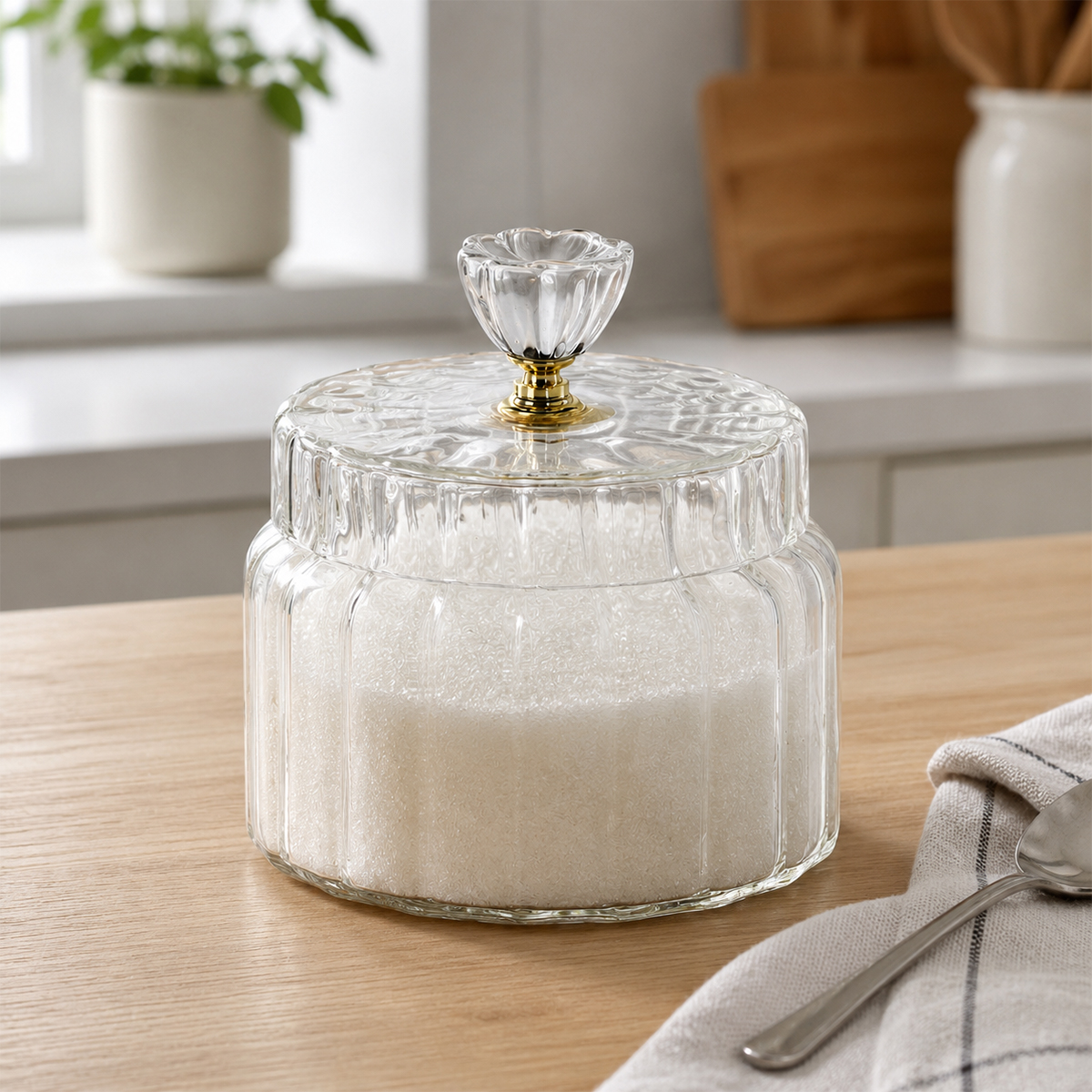 Átlátszó üveg tárolódoboz 0,5 l finom bordázással és üveg fedéllel, fogantyúval.
