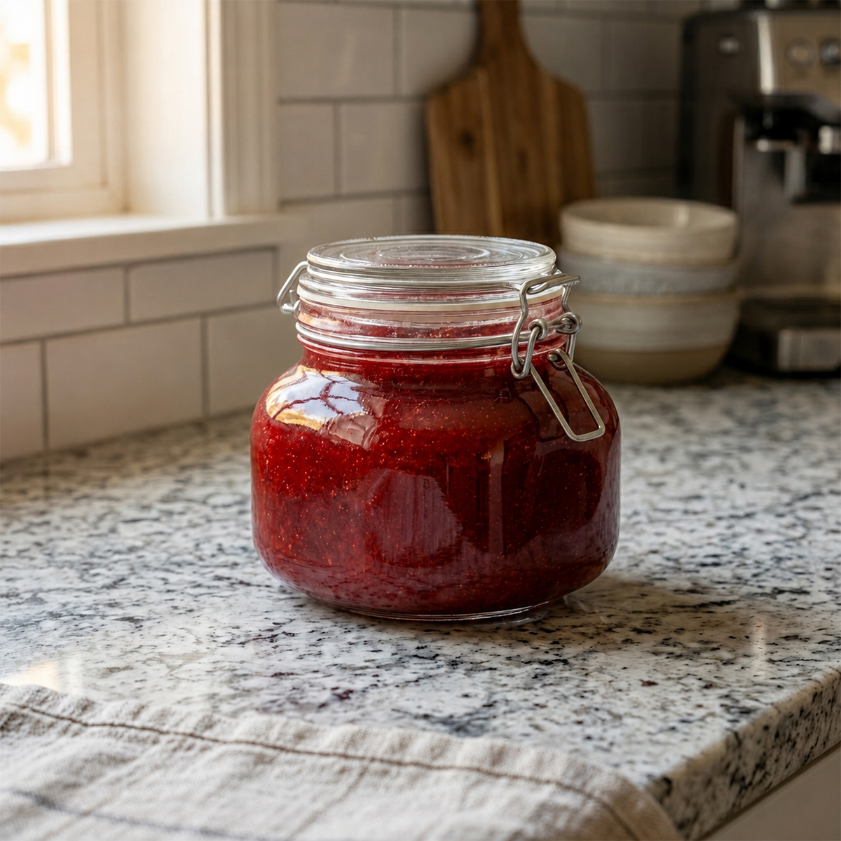 Csatos üveg tároló 0,8 l, ideális mézhez, lekvárokhoz és fűszerekhez.