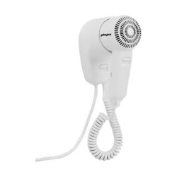 Fehér PURUS fali hajszárító, 1200 W teljesítménnyel, két sebesség- és hőfokozattal.