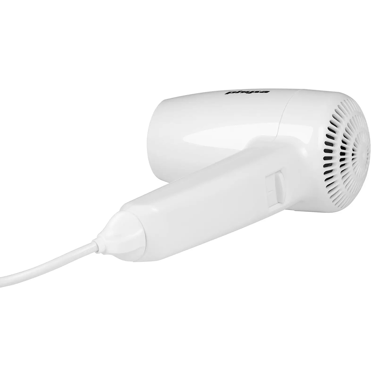 Fehér PURUS fali hajszárító, 1200 W teljesítménnyel, két sebesség- és hőfokozattal.