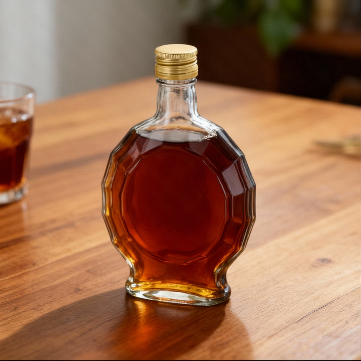 Átlátszó, 250 ml-es Medailón üvegpalack dekoratív dombornyomással és aranyszínű csavaros kupakkal.