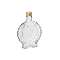 Átlátszó, 250 ml-es Medailón üvegpalack dekoratív dombornyomással és aranyszínű csavaros kupakkal.