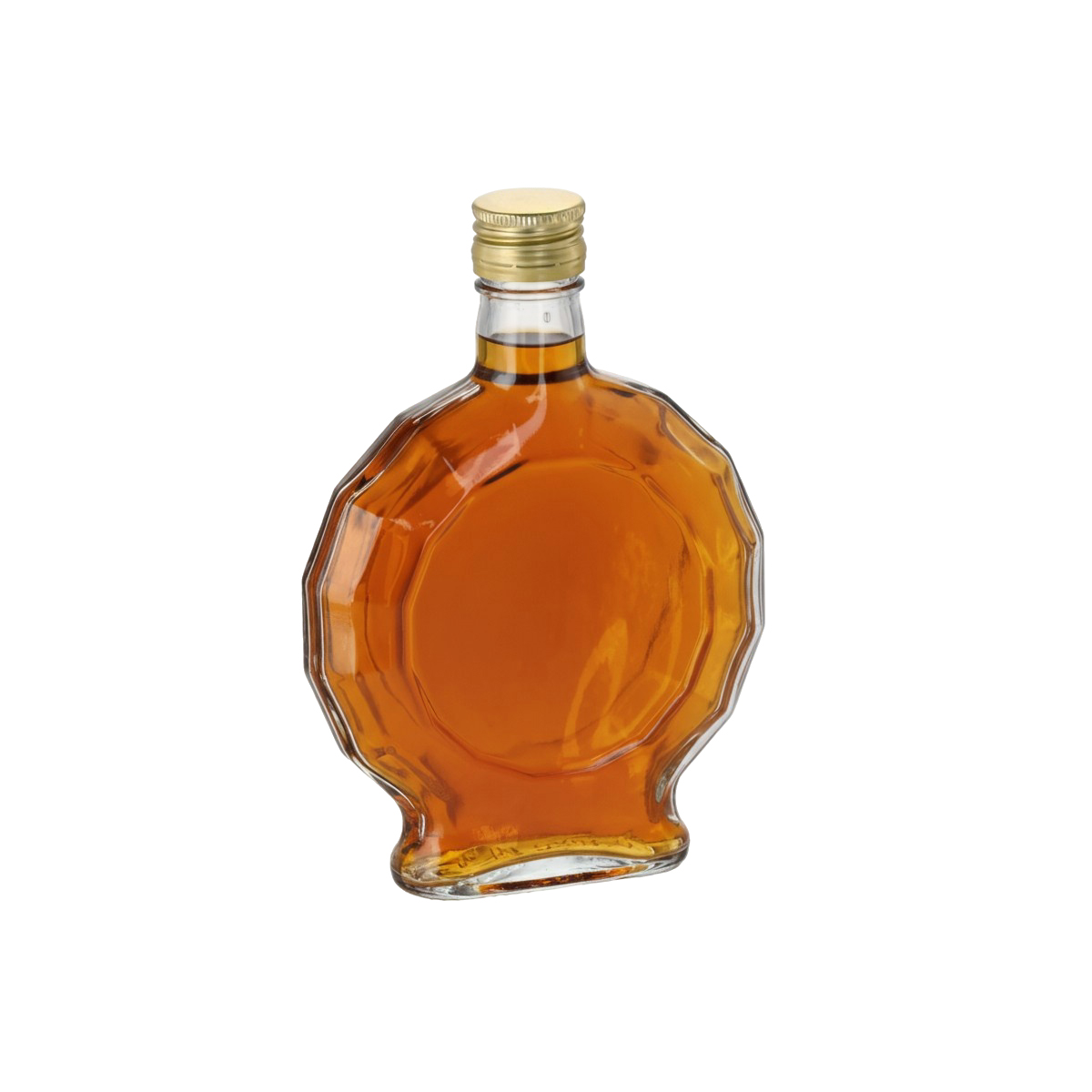 Átlátszó, 250 ml-es Medailón üvegpalack dekoratív dombornyomással és aranyszínű csavaros kupakkal.