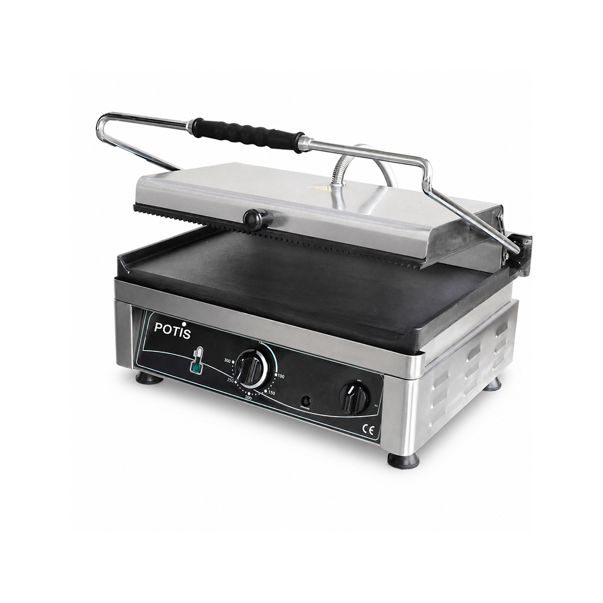 Potis 3 kW-os, rozsdamentes acél kontaktgrill sima és bordázott fekete sütőlappal.