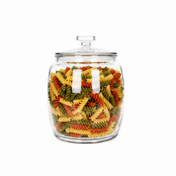 Átlátszó üveg tárolóedény fedővel, 1,5 l űrtartalommal, lekerekített forma, élelmiszerek tárolására.