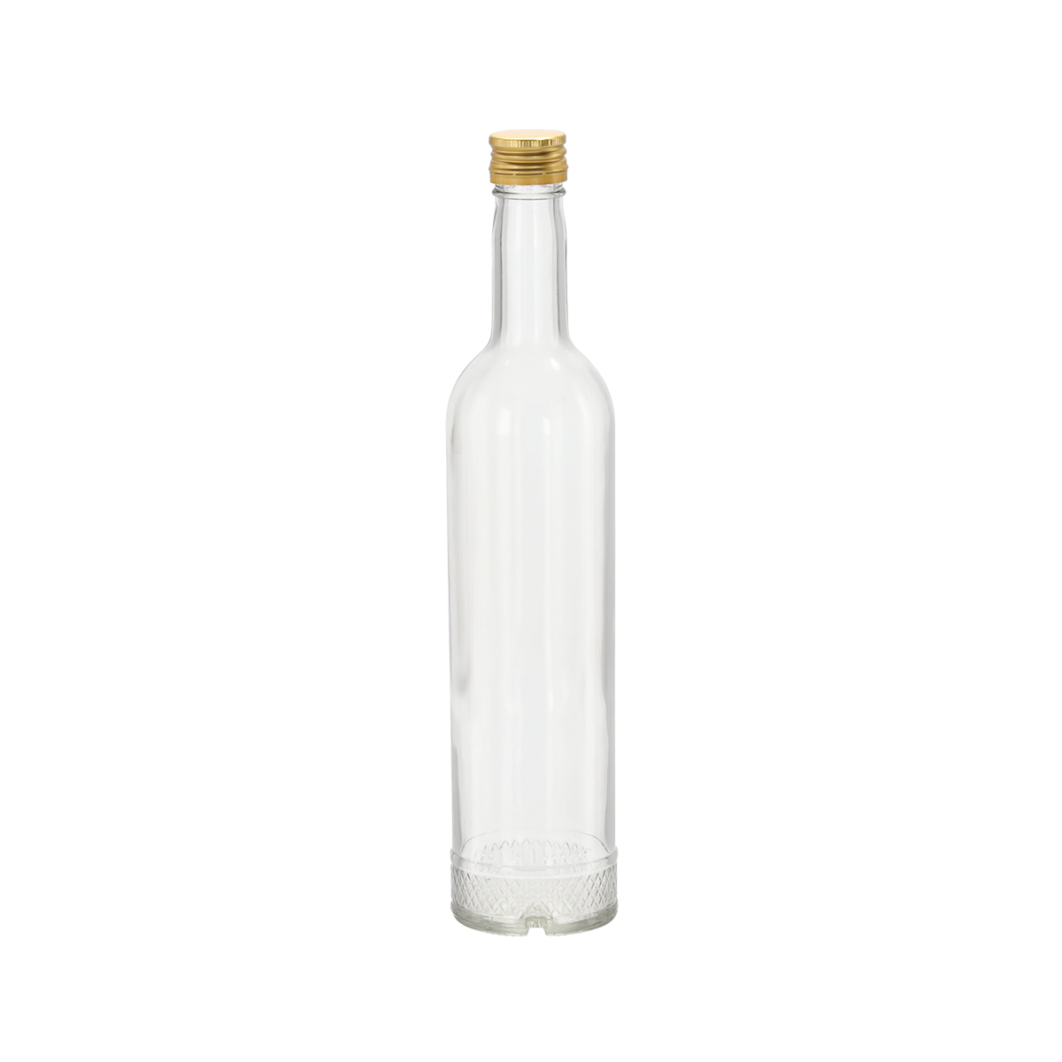 Átlátszó kristályüveg palack 500 ml, karcsú, díszes aljjal és arany csavaros kupakkal.