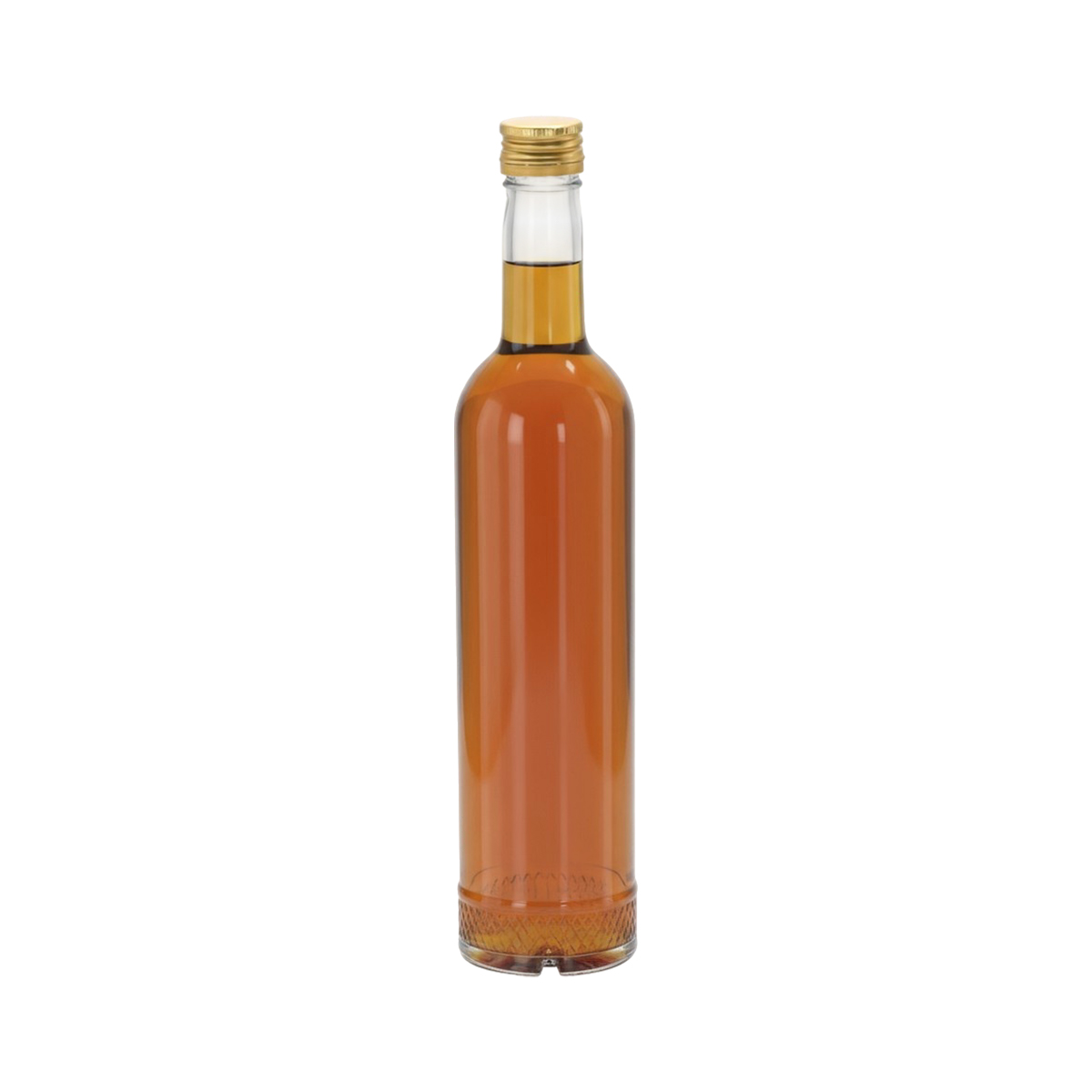 Átlátszó kristályüveg palack 500 ml, karcsú, díszes aljjal és arany csavaros kupakkal.