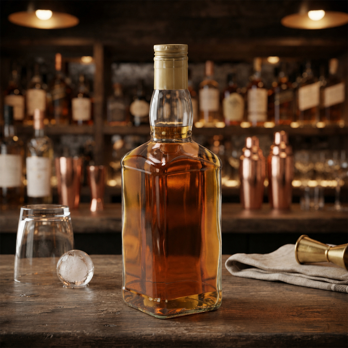 Szögletes, 500 ml-es whiskys üvegpalack. Whiskyhez, párlatokhoz, likőrökhöz és más italokhoz alkalmas.