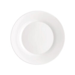 Fehér kerek lapostányér opálüvegből, 25 cm átmérőjű, tartós vendéglátóipari használatra.