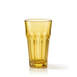 Magas sárga üveg pohár vízre, 250 ml űrtartalommal, dombornyomott mintával.