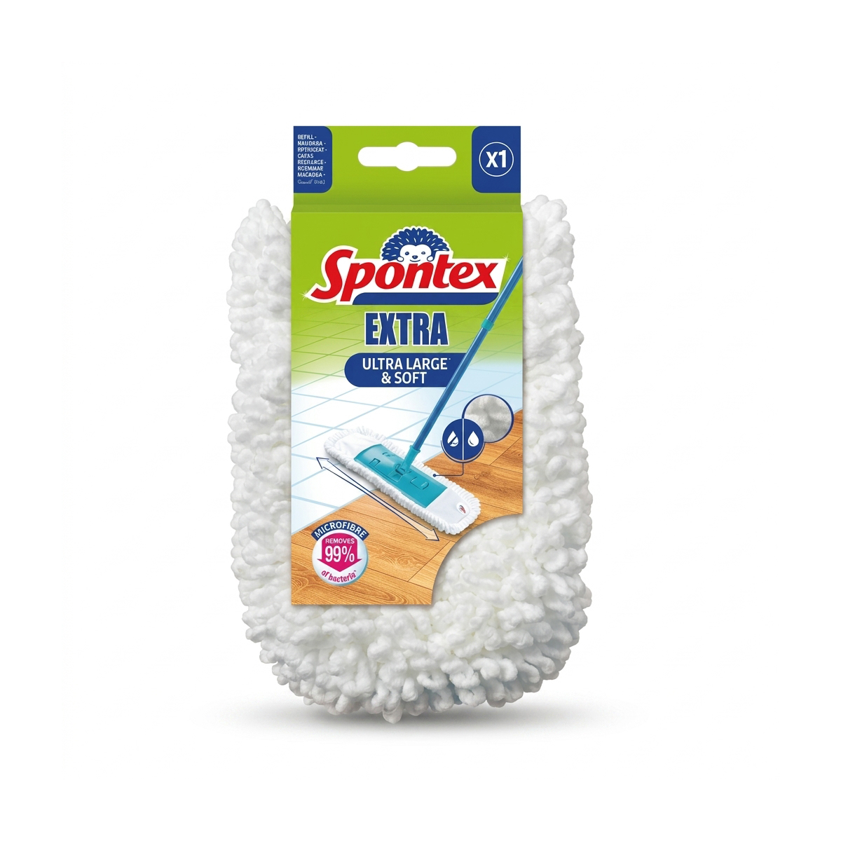 Fehér, molyhos mikroszálas Spontex Extra huzat lapos mopphoz, extra finom és nedvszívó.
