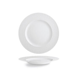 Fehér sekély porcelán tányér Stars, 26 cm, finom dombornyomott mintával a szélén.