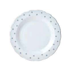 Fehér porcelán lapostányér Valbella hullámos széllel és sötét pöttyökkel.