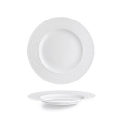 Fehér porcelán lapostányér Stars, 20 cm, széles peremmel és dombornyomott mintával.