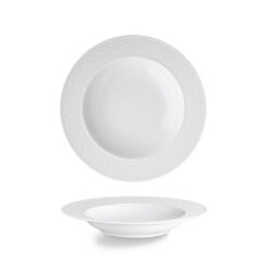 Fehér porcelán mélytányér Stars, 23 cm, széles peremmel és dombormintával.
