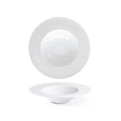 Fehér porcelán tészta tányér Stars, 27 cm, mélyebb középpel és dombornyomott peremmel.