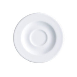 Fehér kerek vastagfalú porcelán csészealj Hotel, 15,7 cm átmérővel, vendéglátóipari használatra.