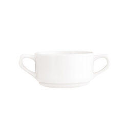 Fehér, vastag falú porcelán leveses tál Hotel stílusban, két oldalsó füllel.
