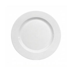 Fehér kerek lapostányér szállodai használatra, vastagfalú porcelánból, 26,9 cm átmérővel.